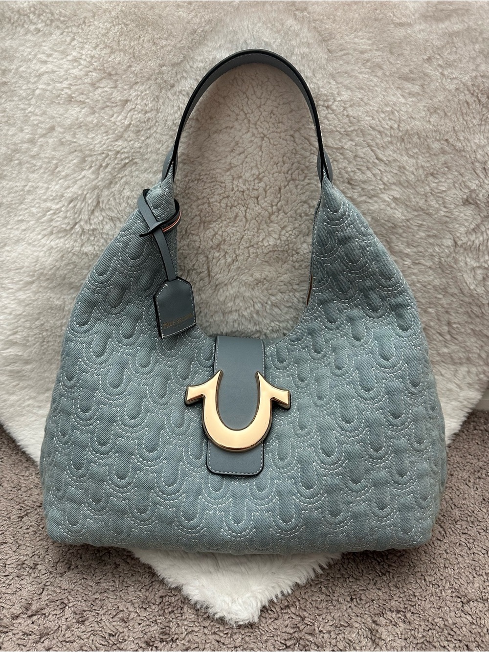 True Religion Blue Quilted Hobo Bag with Gold Hardware